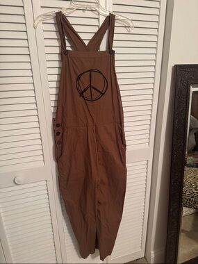 Tree of Life Brown Peace Sign Overalls Jumpsuit